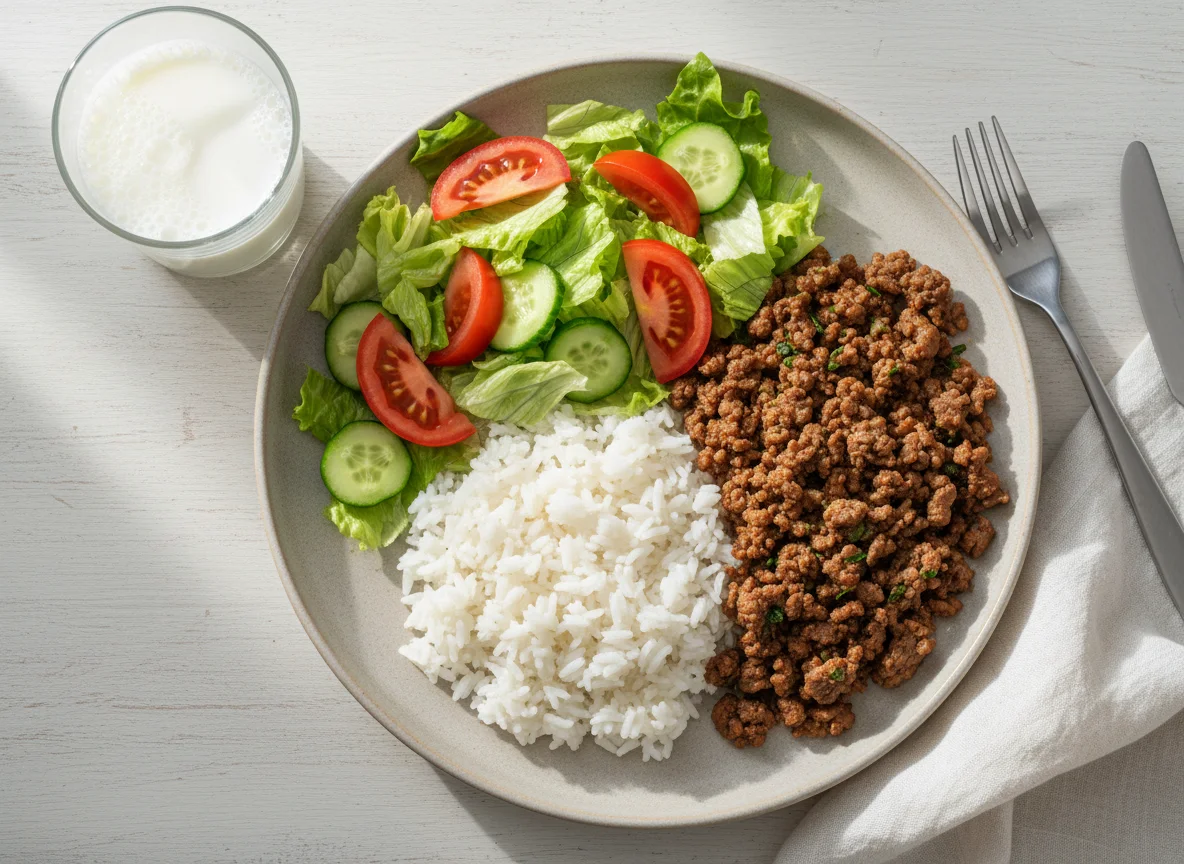 Rice with Minced Meat and Salad photo