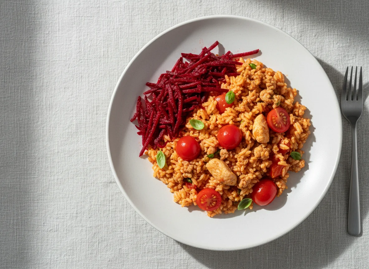 Rice with Minced Meat, Beetroot, and Cherry Tomatoes photo