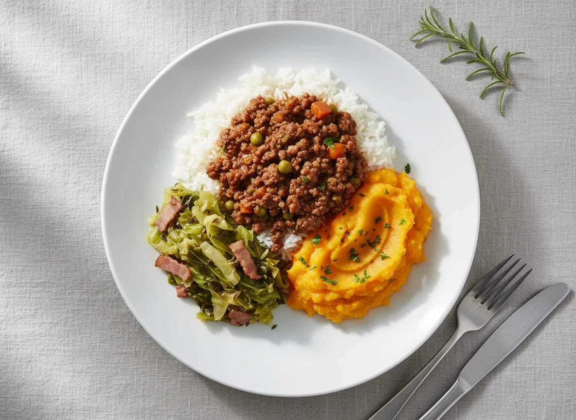 Rice with Minced Meat Stew, Mashed Butternut, and Stewed Cabbage photo