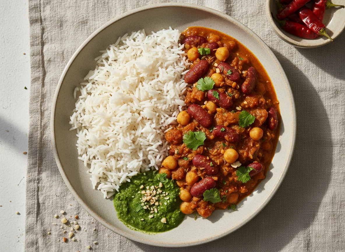 Rice with Mixed Bean Curry and Chutney photo