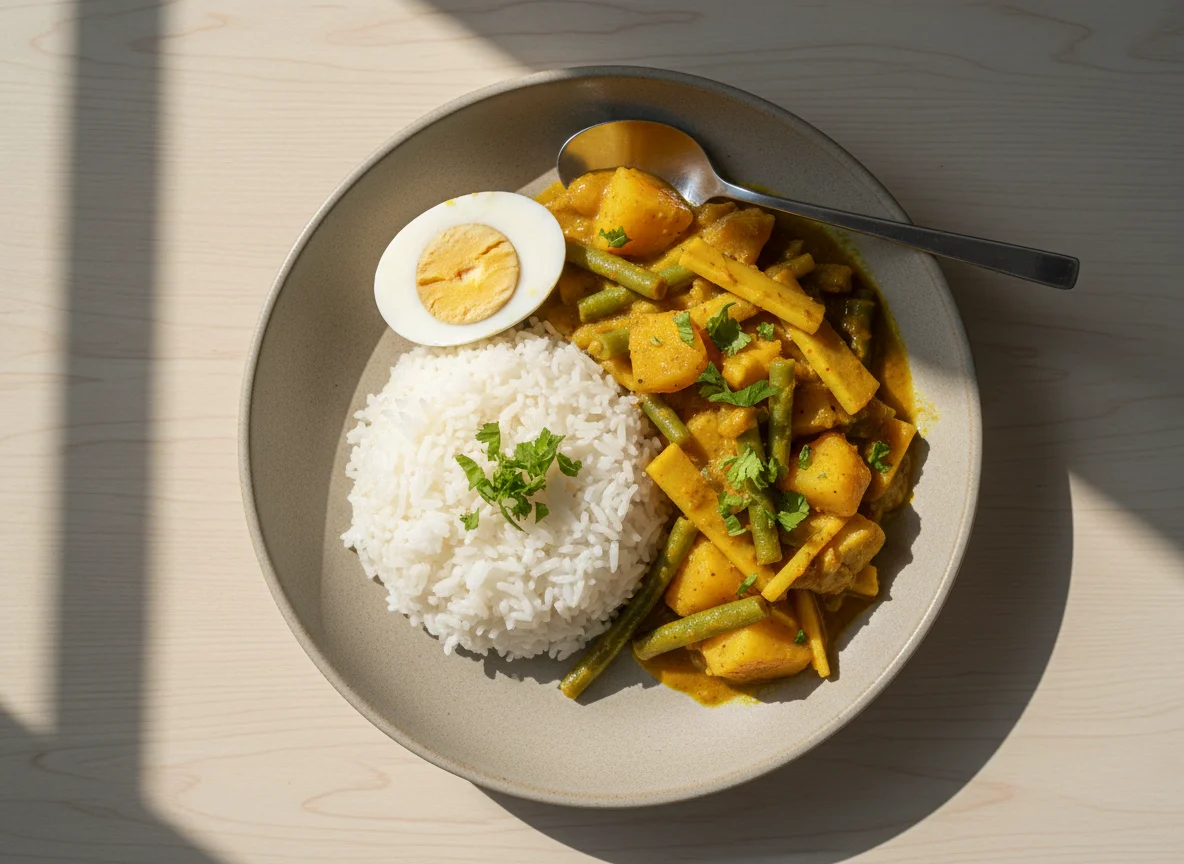 Rice with Mixed Vegetable Curry and Boiled Egg photo