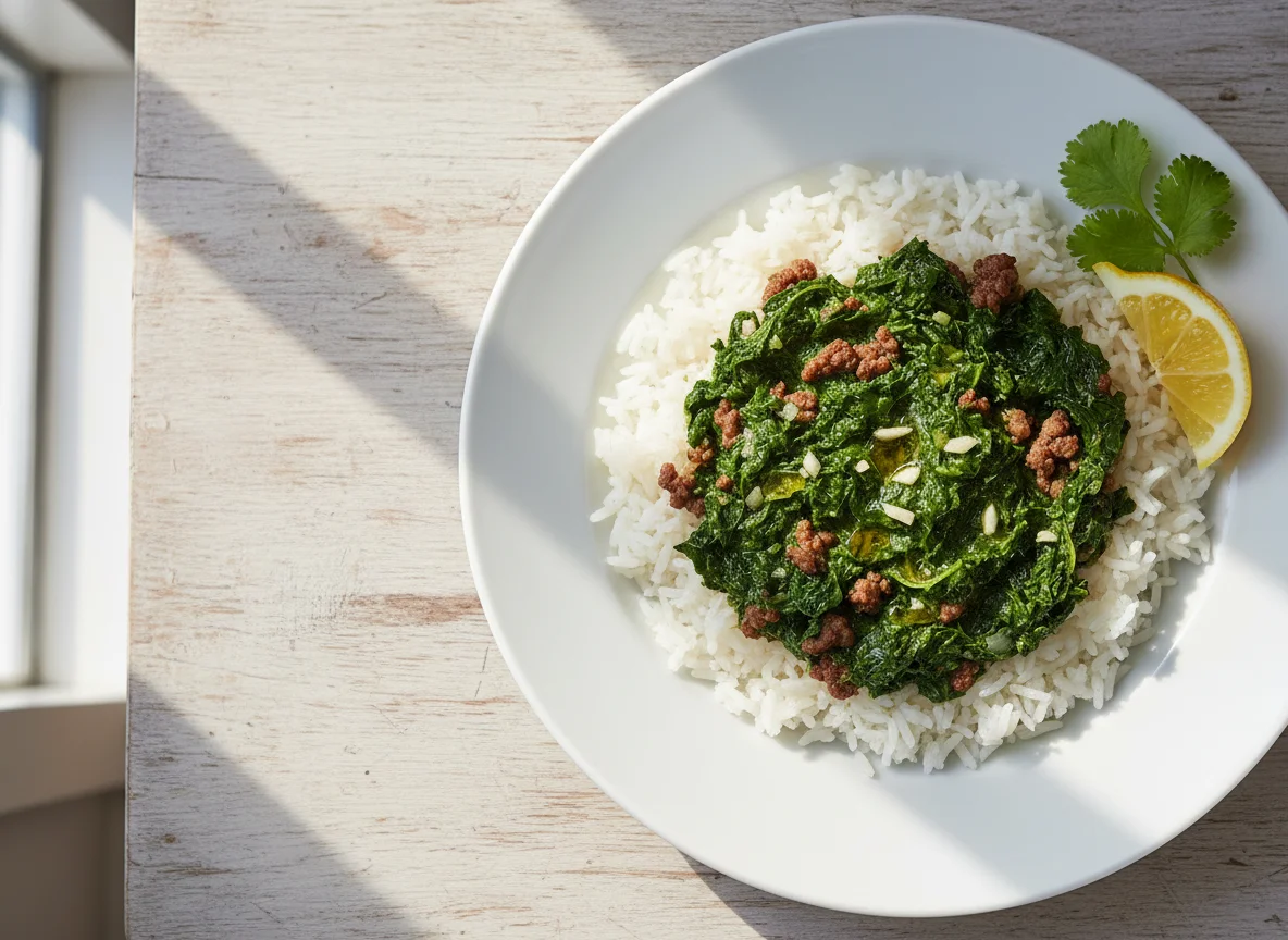Rice with Molokhia and Minced Meat photo