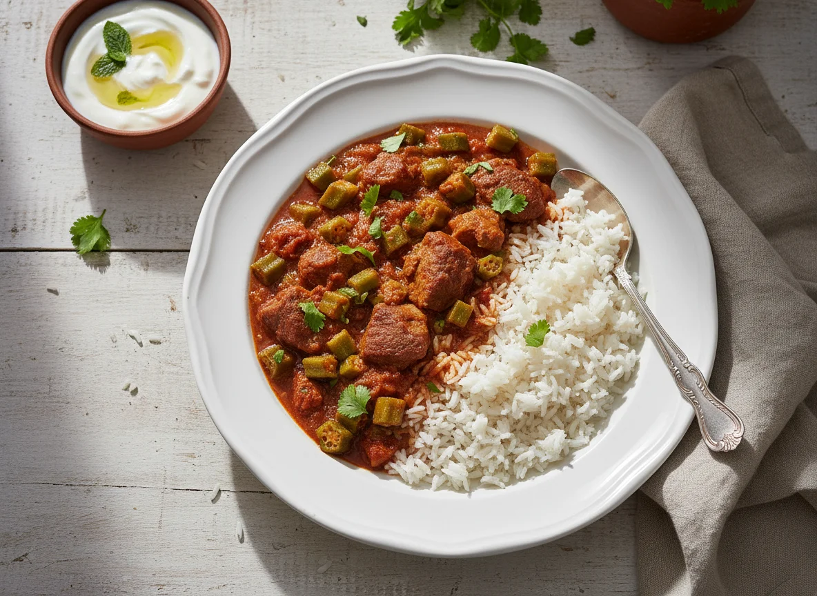 Rice with Okra Stew and Meat photo