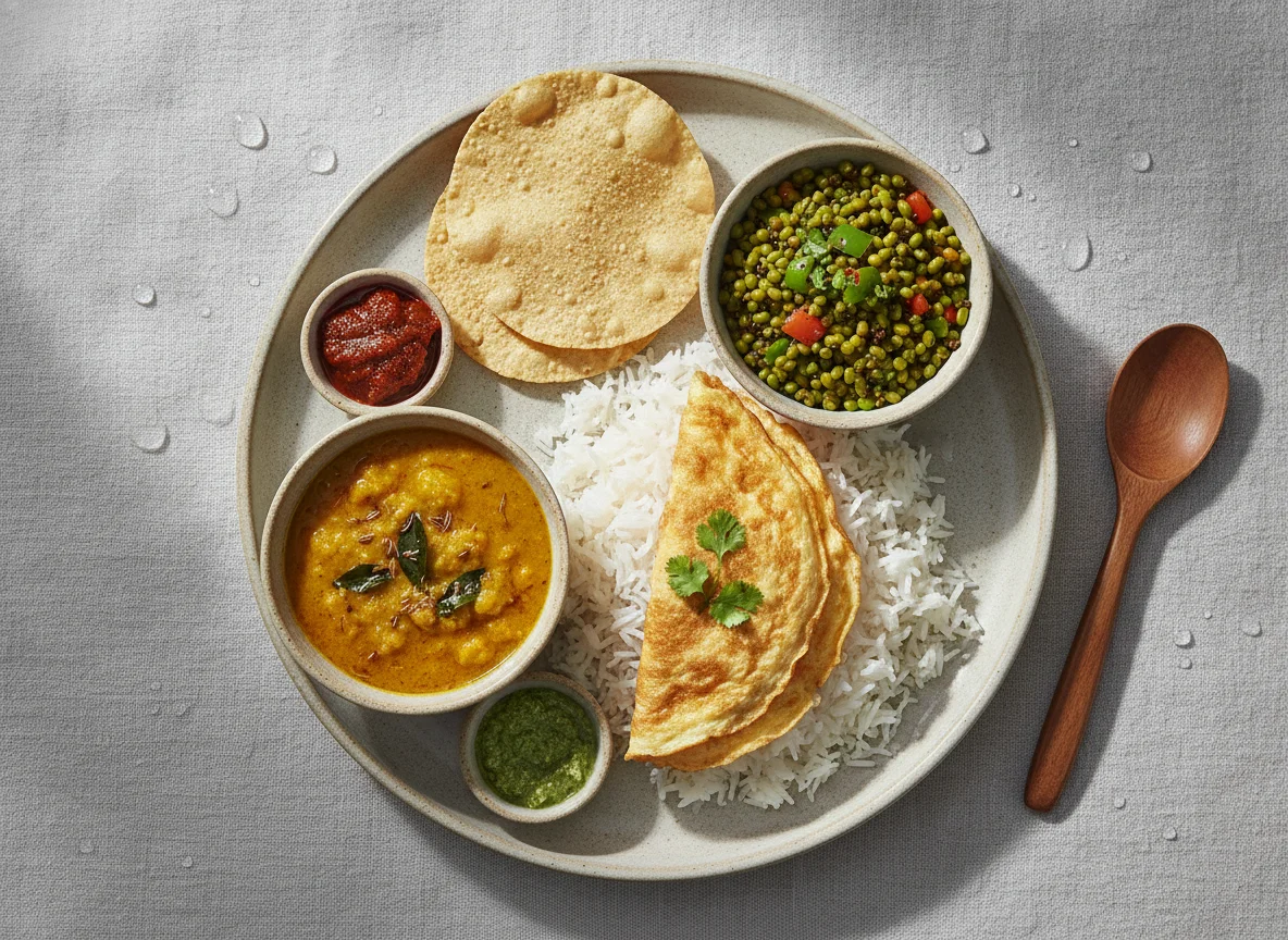 Rice with Omelette, Dal, and Sides photo