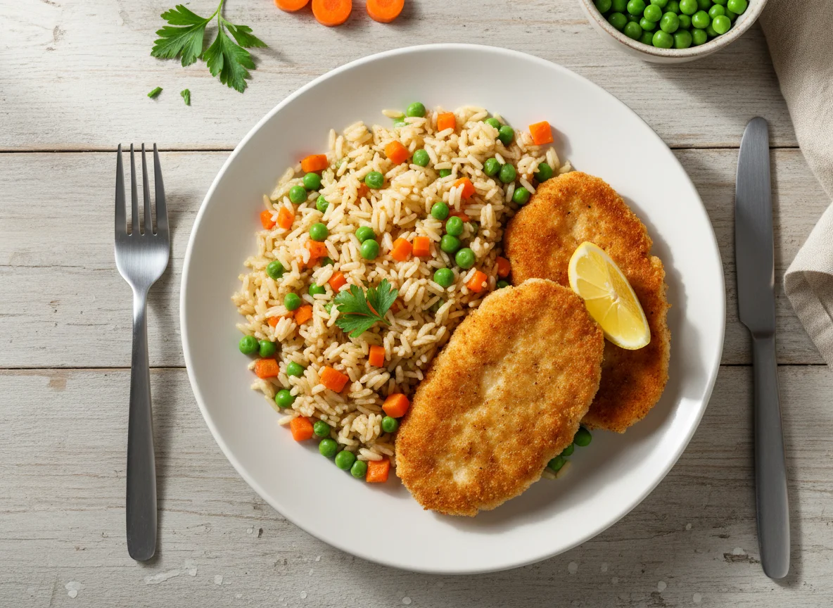 Rice with peas and carrots and breaded cutlets photo