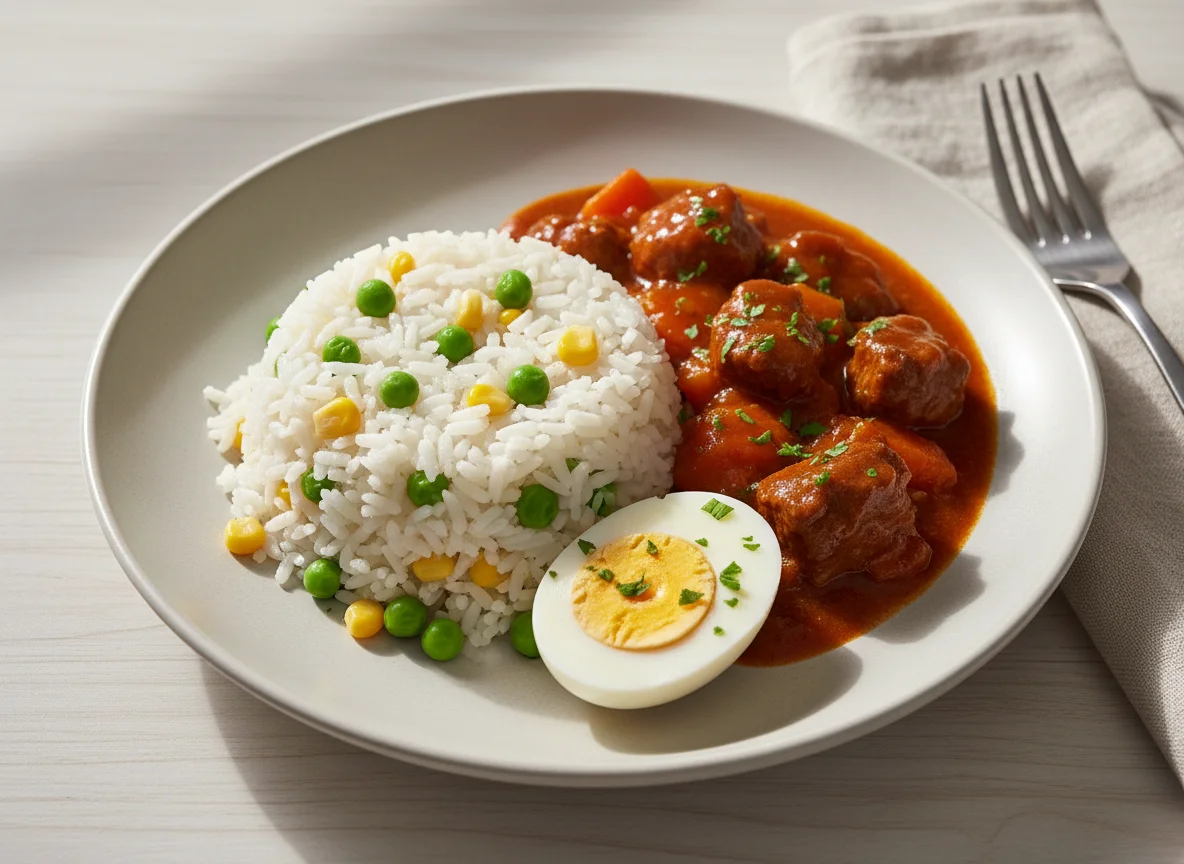 Rice with Peas, Corn, Stew, and Hard-Boiled Egg photo