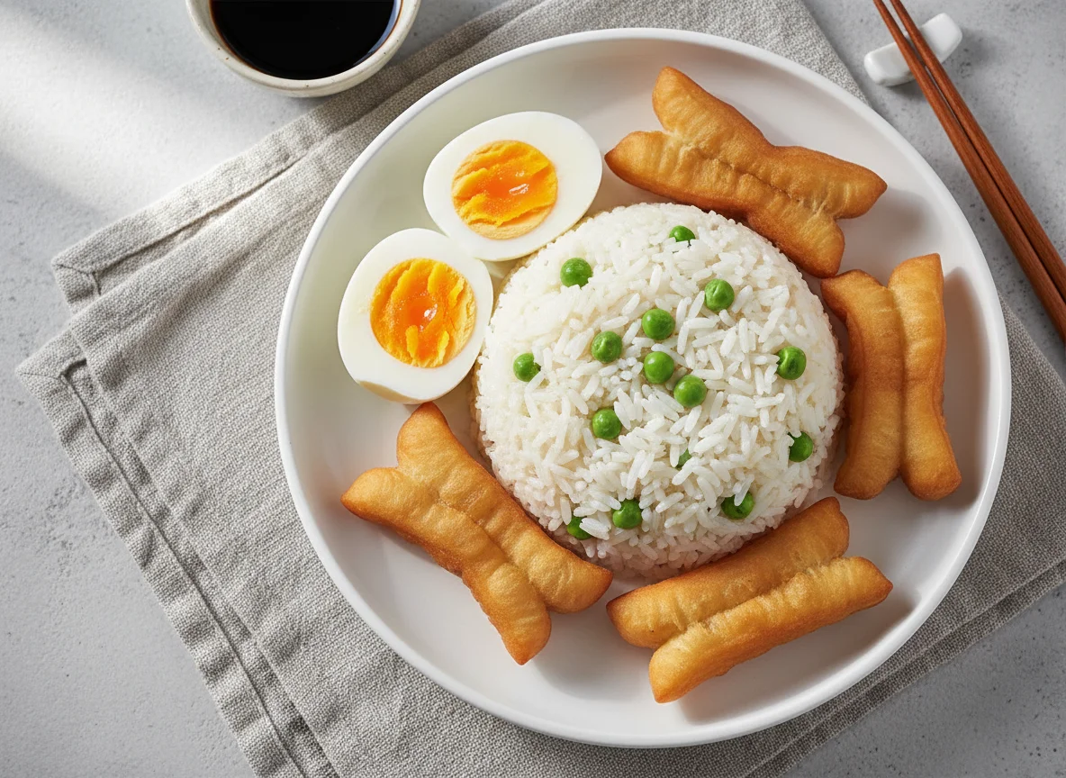 Rice with peas, hard-boiled eggs, and fried dough sticks photo