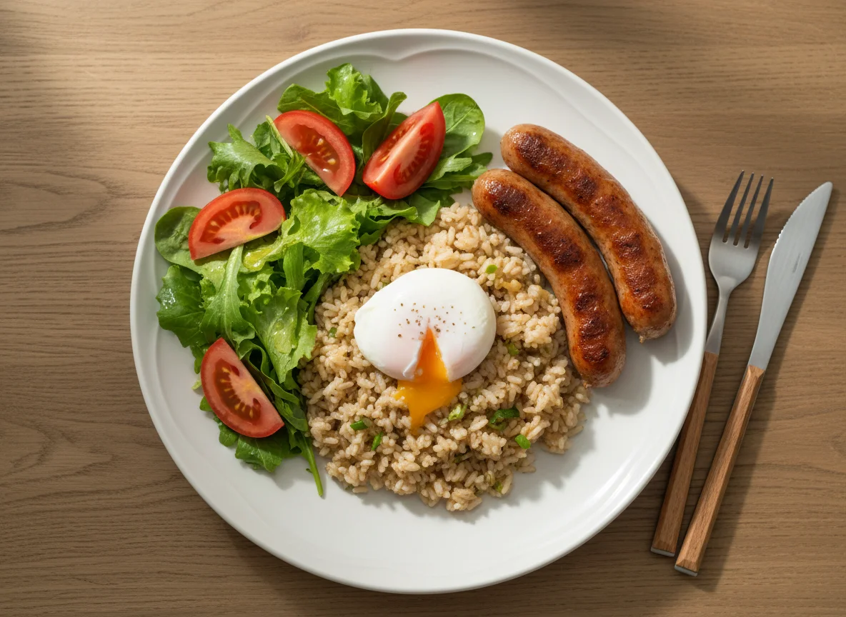 Rice with Poached Egg, Sausage and Salad photo