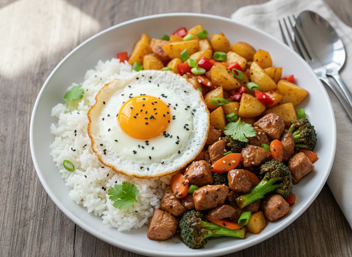 Rice with Potato and Meat Stir-fry and Fried Egg photo