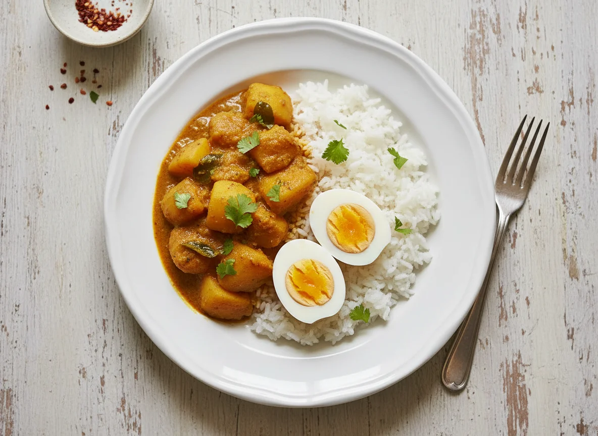 Rice with Potato Curry and Egg photo