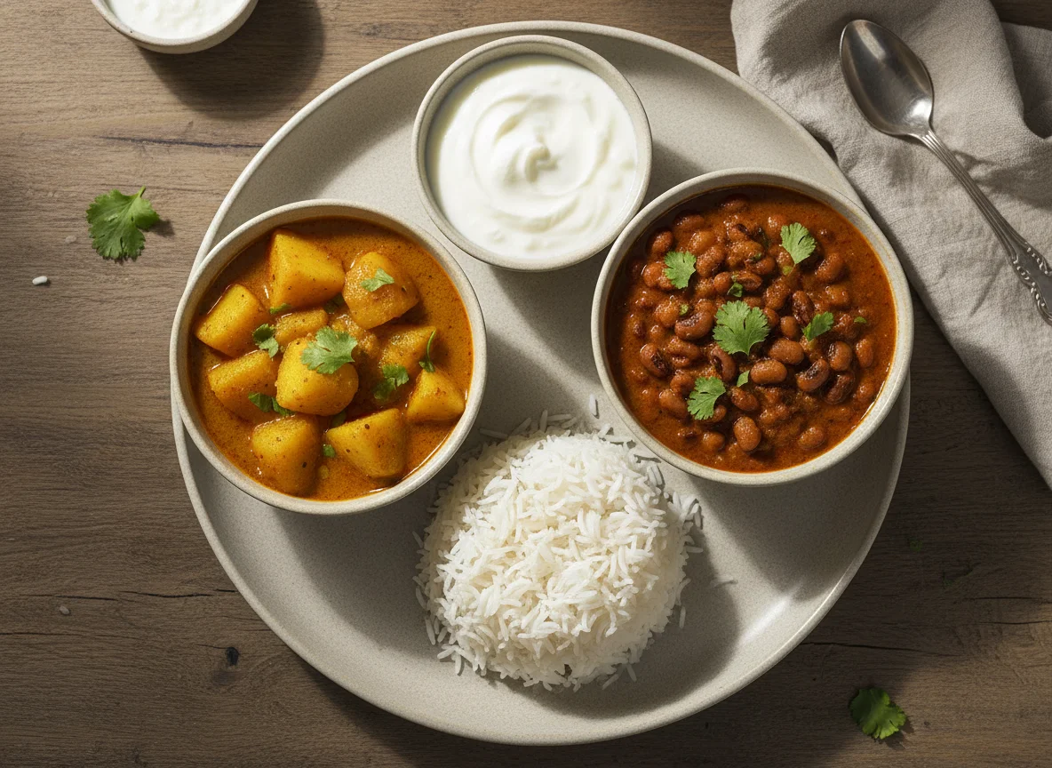 Rice with Potato Curry, Black-eyed Peas Curry, and Yogurt photo