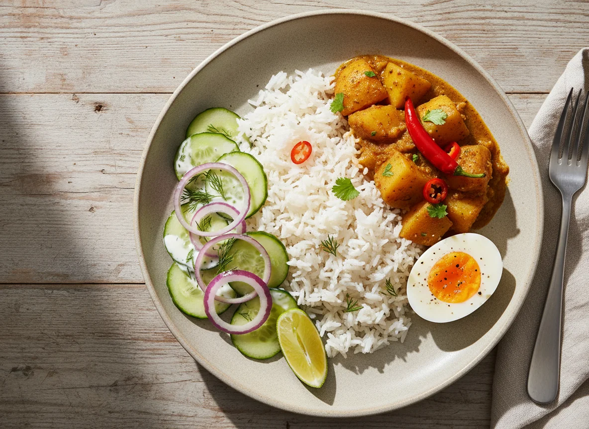 Rice with Potato Curry, Boiled Egg, and Cucumber Salad photo