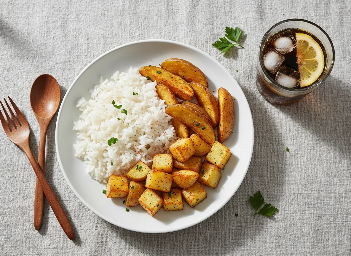 Rice with potatoes and a drink photo
