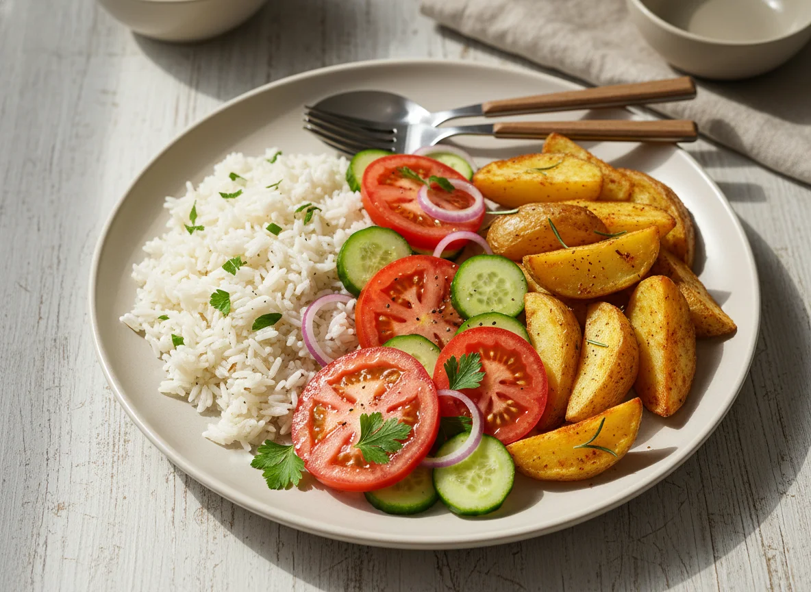 Rice with Potatoes and Salad photo