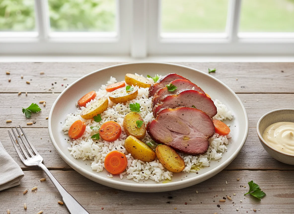 Rice with potatoes, carrots and smoked meat photo