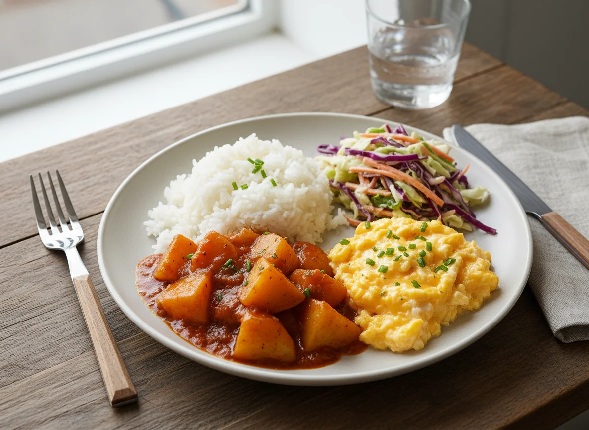 Rice with Potatoes, Scrambled Eggs, and Coleslaw photo