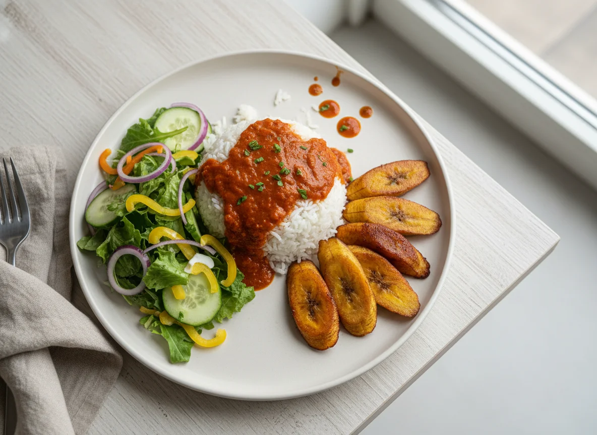 Rice with Red Sauce, Salad, and Fried Plantain photo