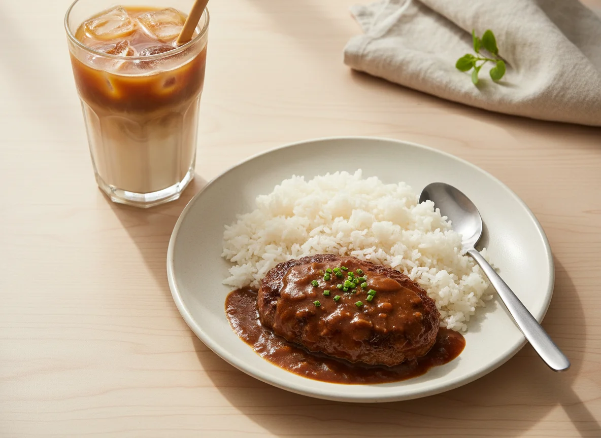 Rice with Salisbury Steak and Iced Coffee photo