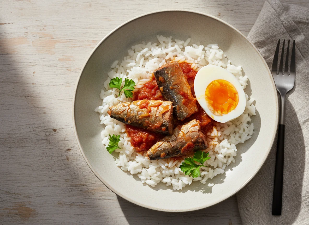 Rice with Sardines and Boiled Egg photo