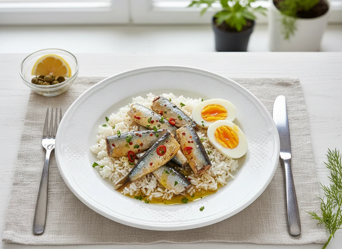 Rice with Sardines and Boiled Eggs photo