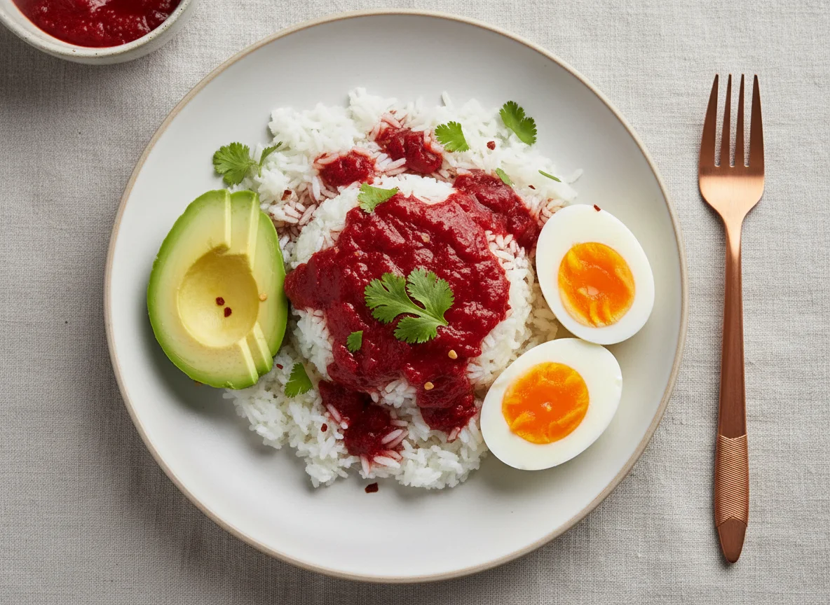 Rice with Sauce, Avocado, and Egg photo