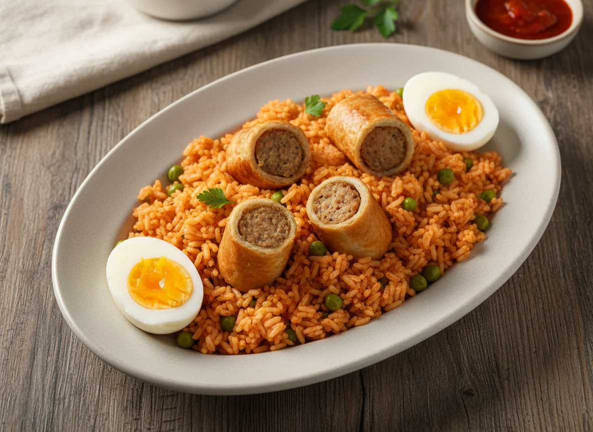 Rice with sausages and hard-boiled eggs photo