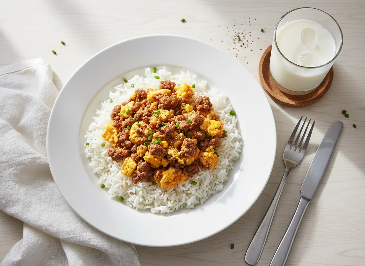 Rice with Scrambled Egg/Meat and Milk photo