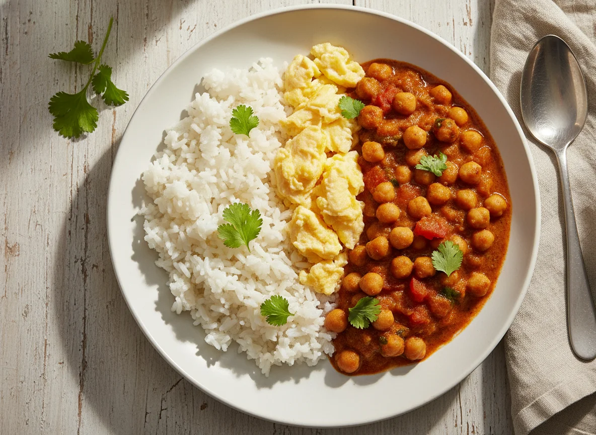 Rice with Scrambled Eggs and Chickpea Curry photo