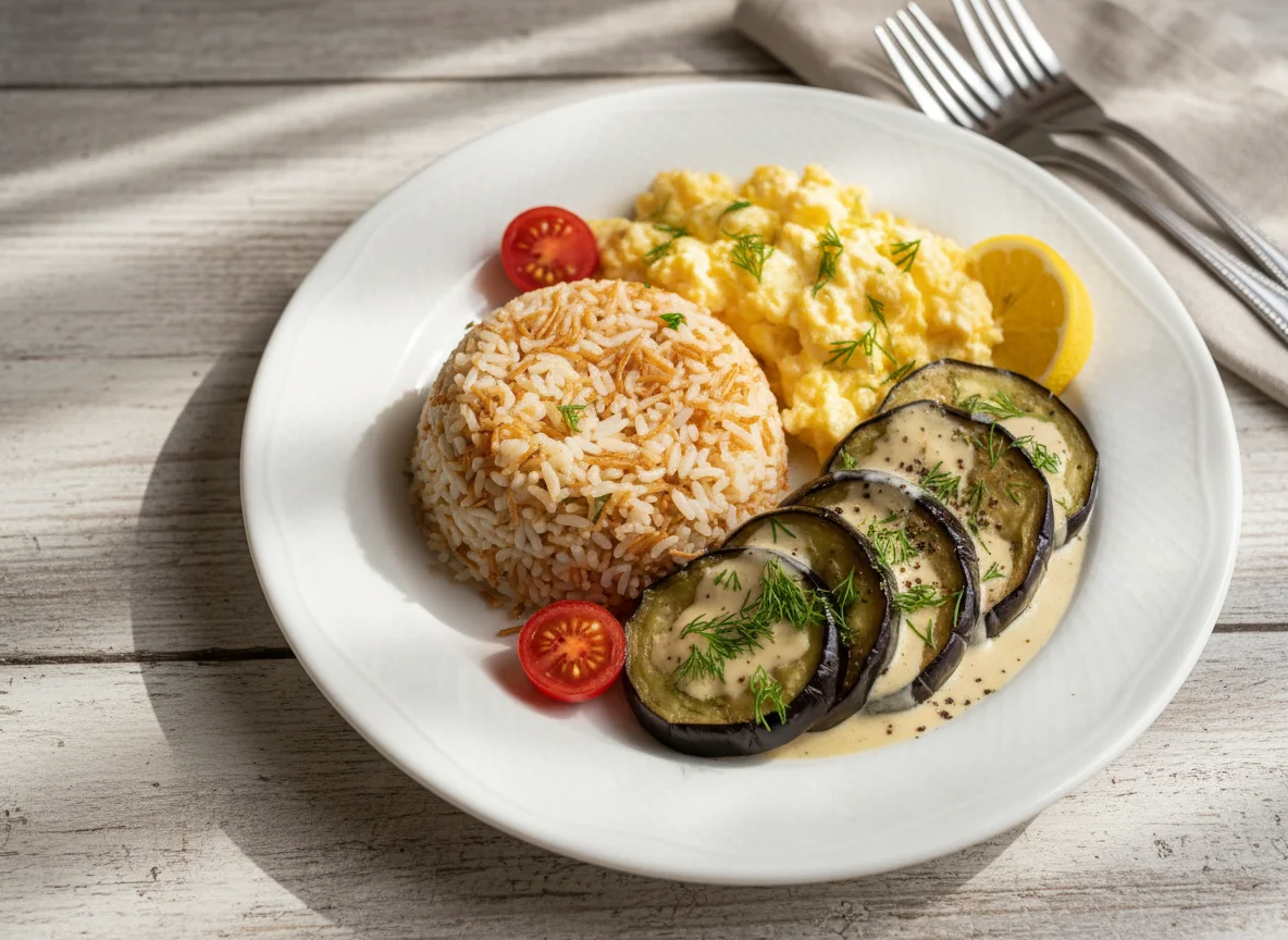 Rice with Scrambled Eggs and Eggplant photo