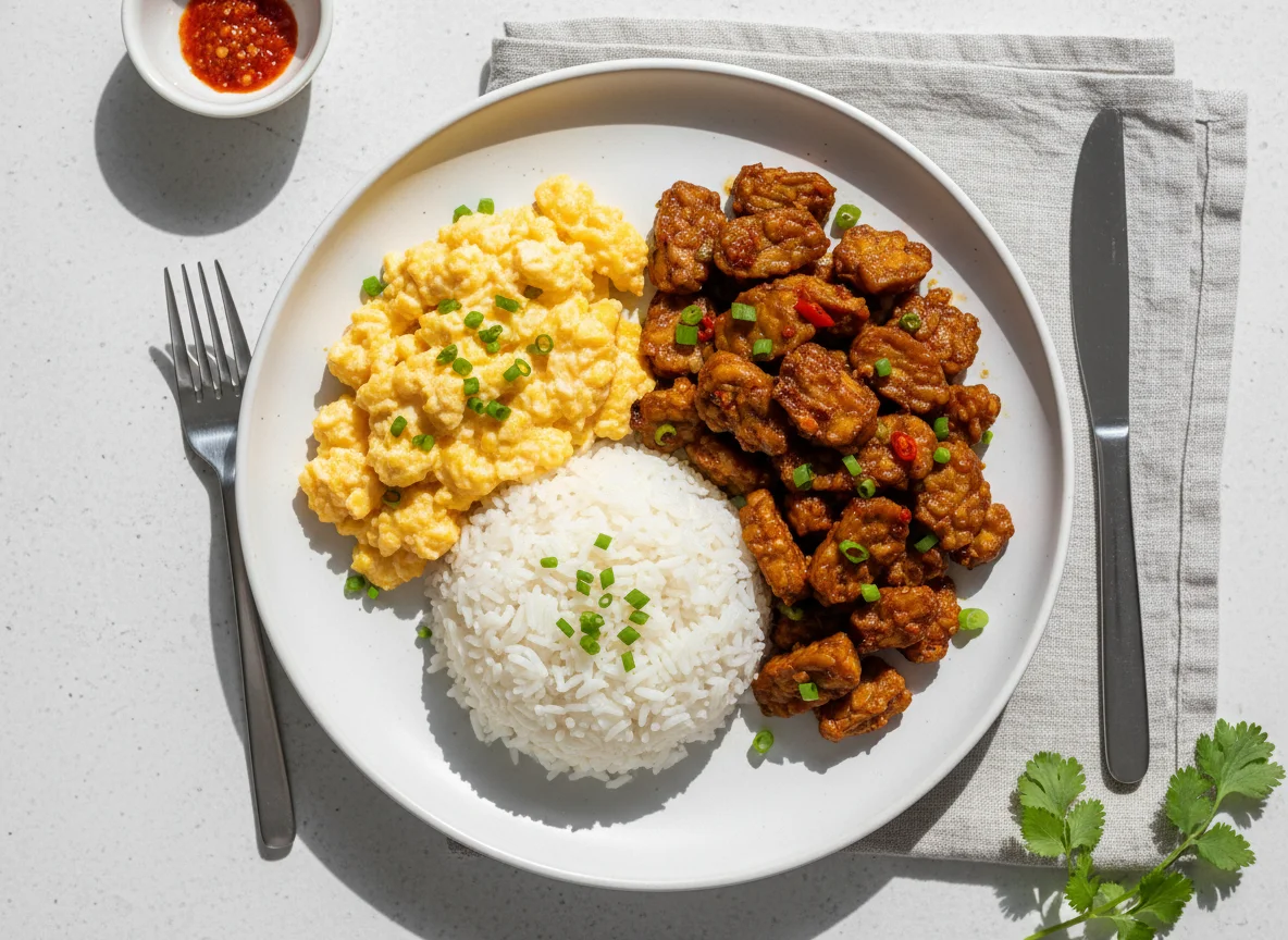 Rice with Scrambled Eggs and Fried Tempeh photo