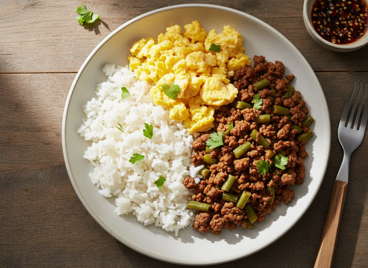 Rice with Scrambled Eggs and Ground Meat with Green Beans photo