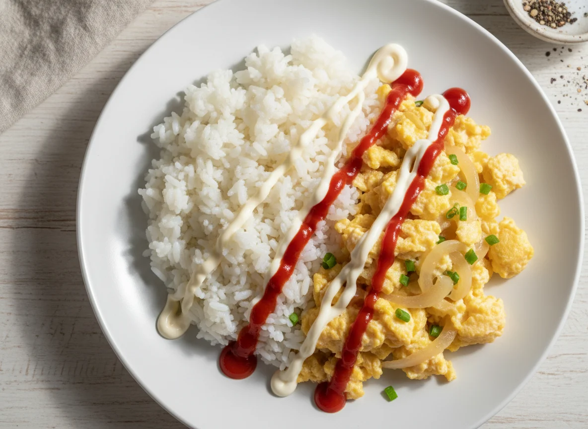 Rice with scrambled eggs and sauces photo