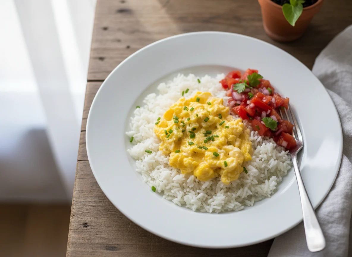 Rice with Scrambled Eggs and Tomato Relish photo