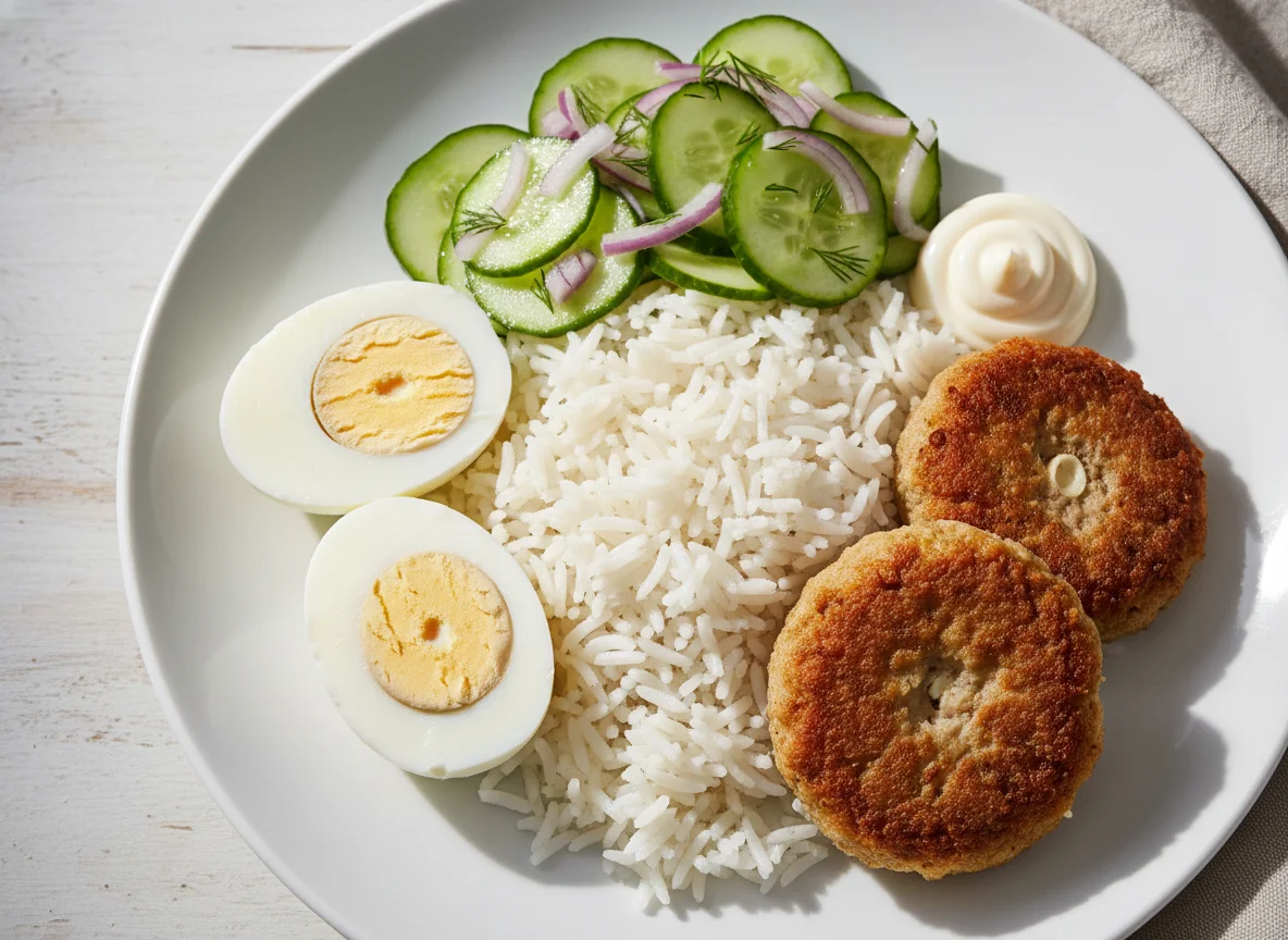 Rice with Shami Kebab, Boiled Egg, Cucumber Salad and Mayonnaise photo