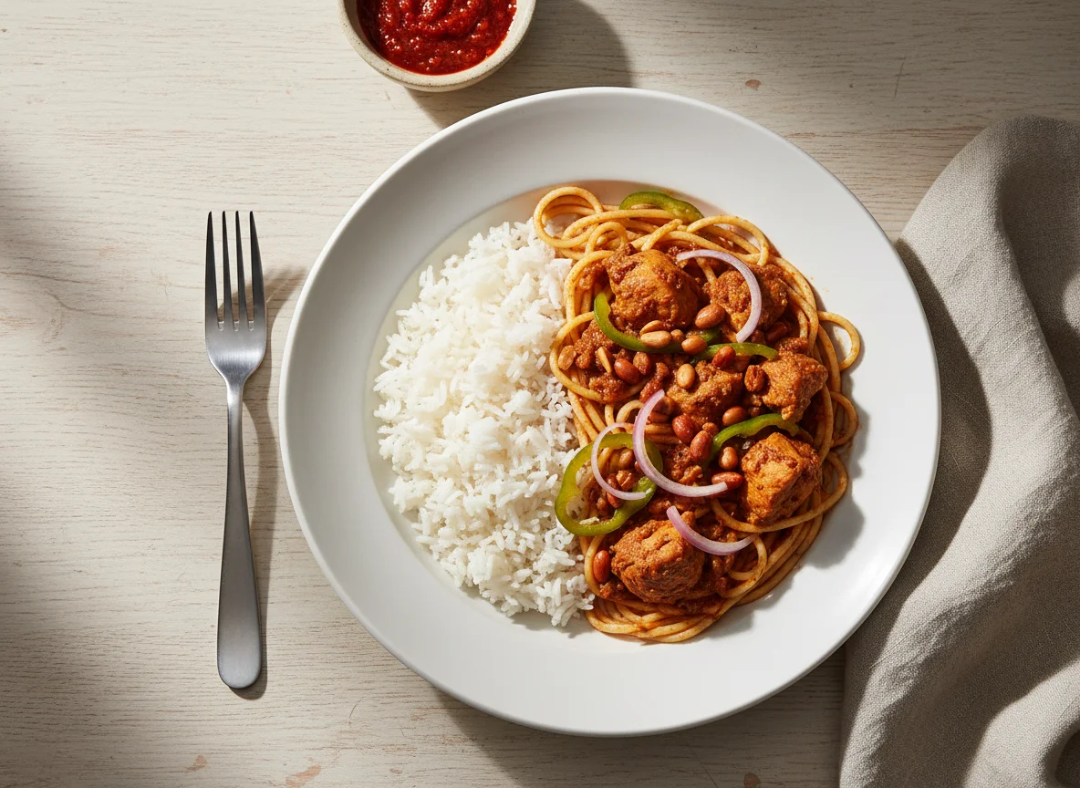 Rice with Spaghetti and Stew photo