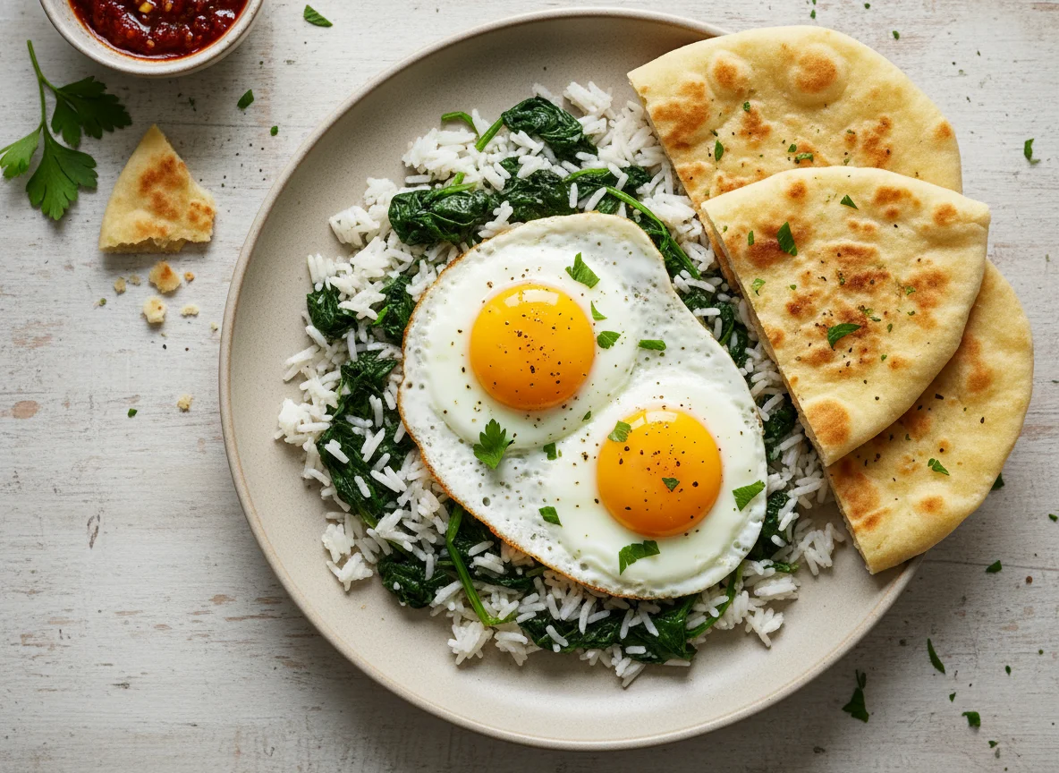 Rice with Spinach and Eggs, served with Flatbread photo
