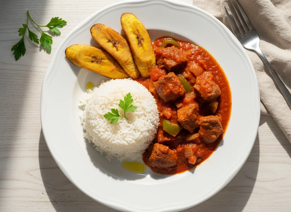 Rice with Stew and Fried Plantain photo