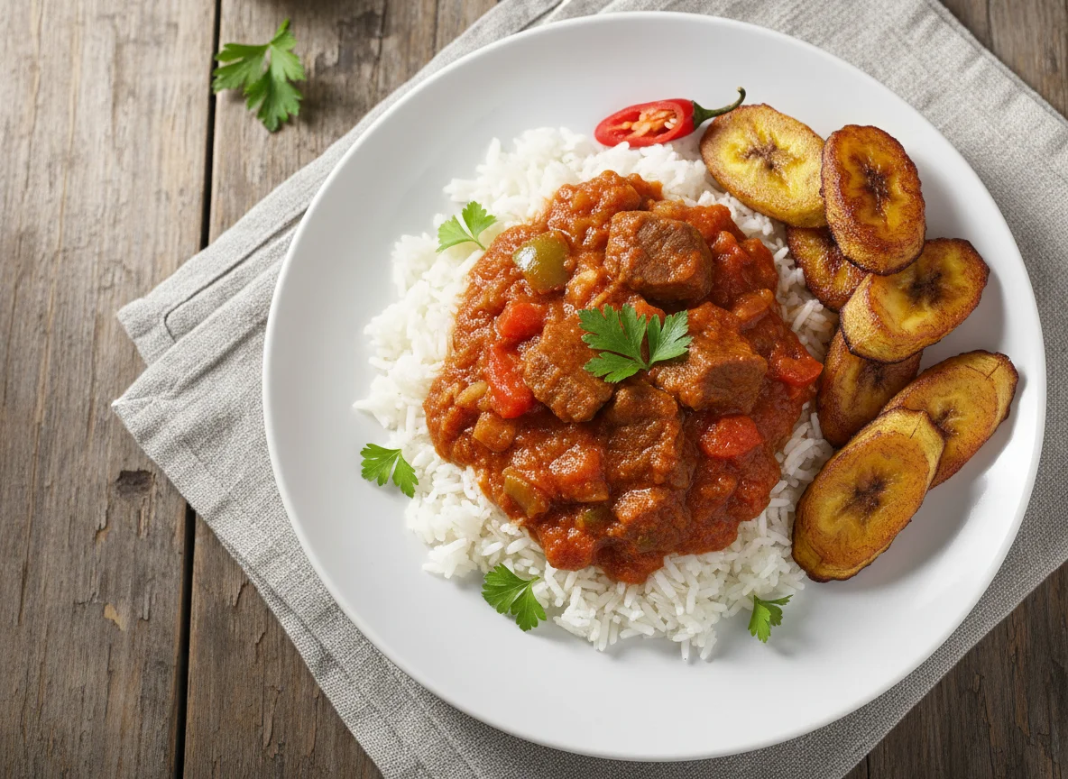 Rice with Stew and Fried Plantains photo