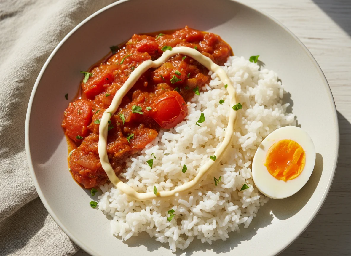 Rice with Stew and Mayonnaise photo