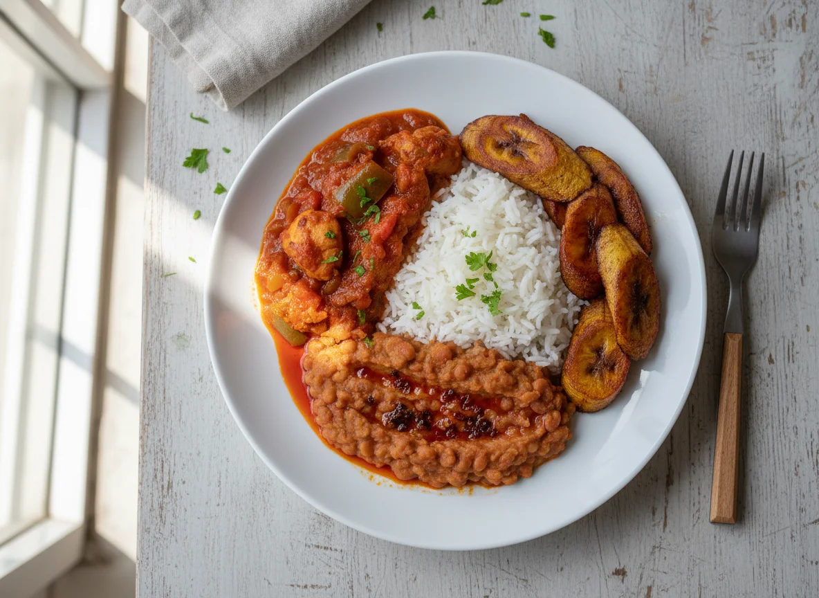 Rice with Stew, Beans and Fried Plantain photo