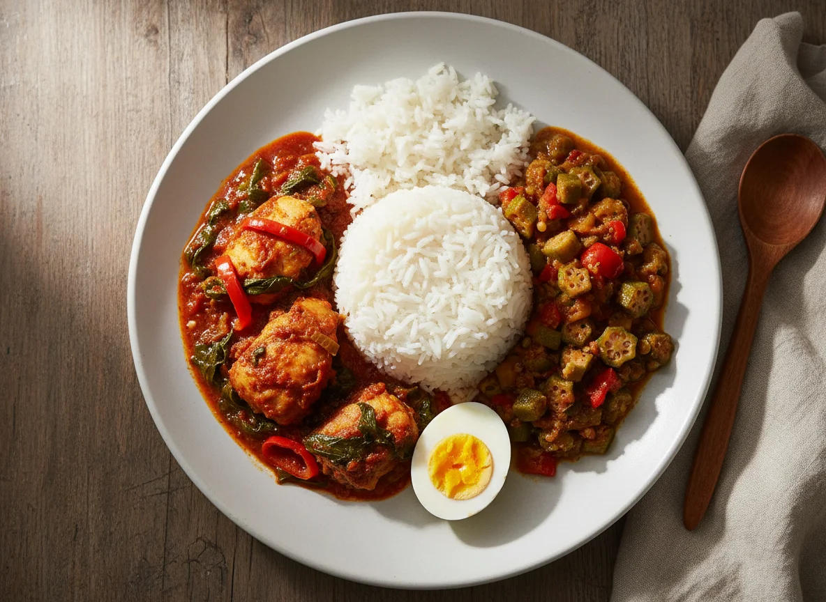 Rice with Stew, Fish, and Boiled Egg photo