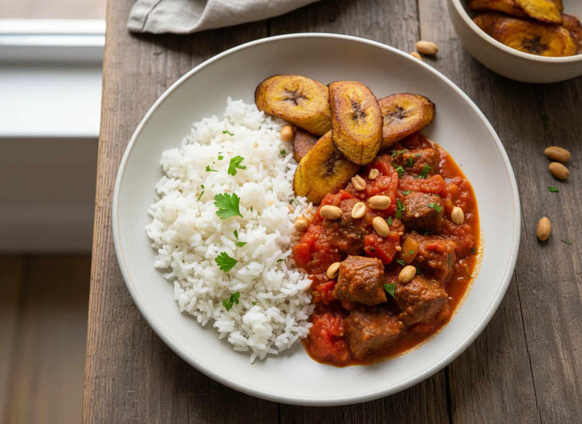 Rice with Stew, Fried Plantains, and Beef photo
