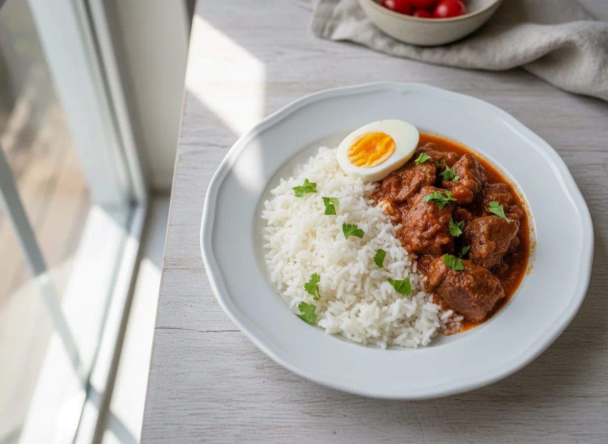 Rice with Stew, Meat and Boiled Egg photo