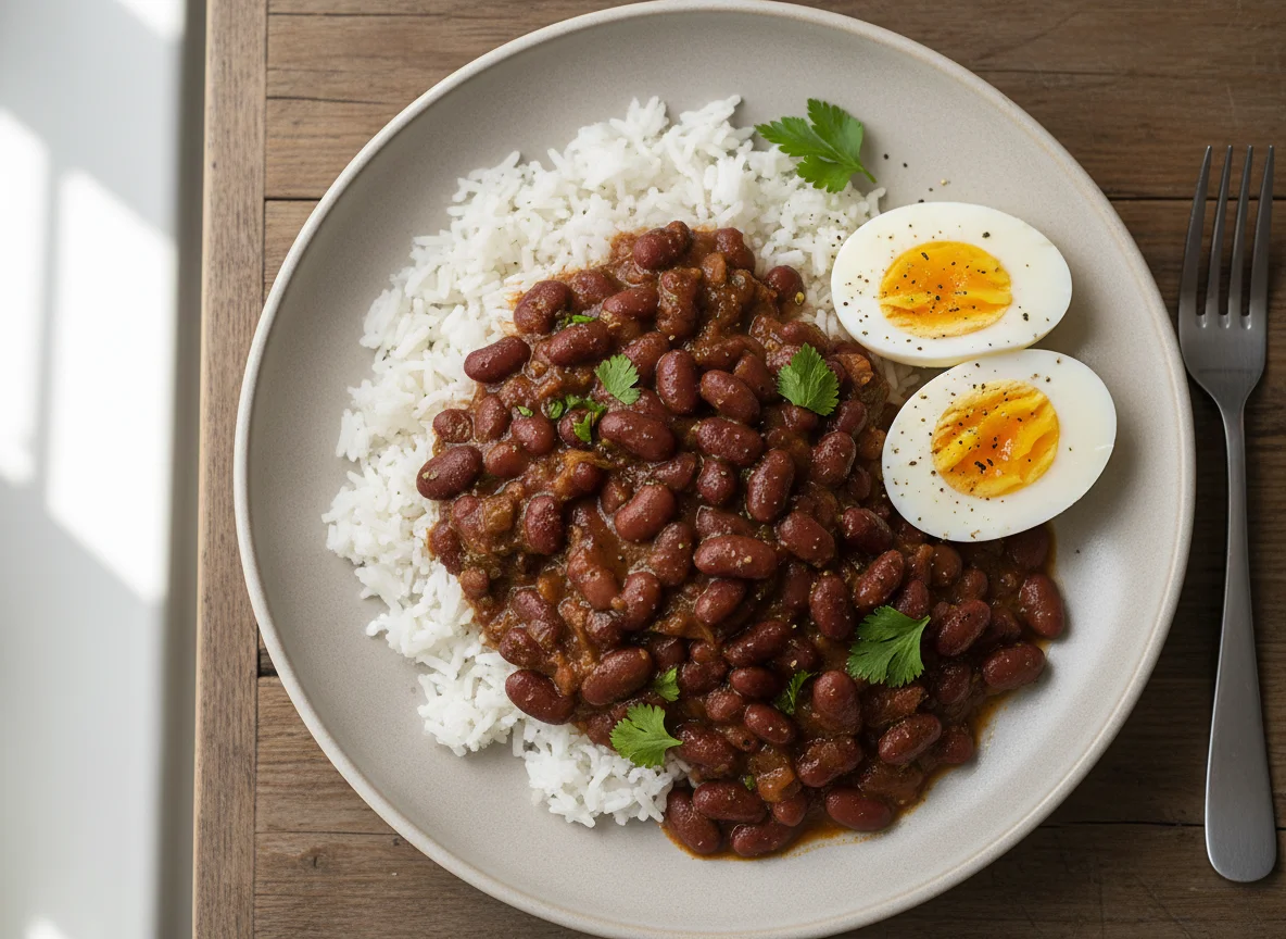 Rice with Stewed Beans and Hard-Boiled Eggs photo