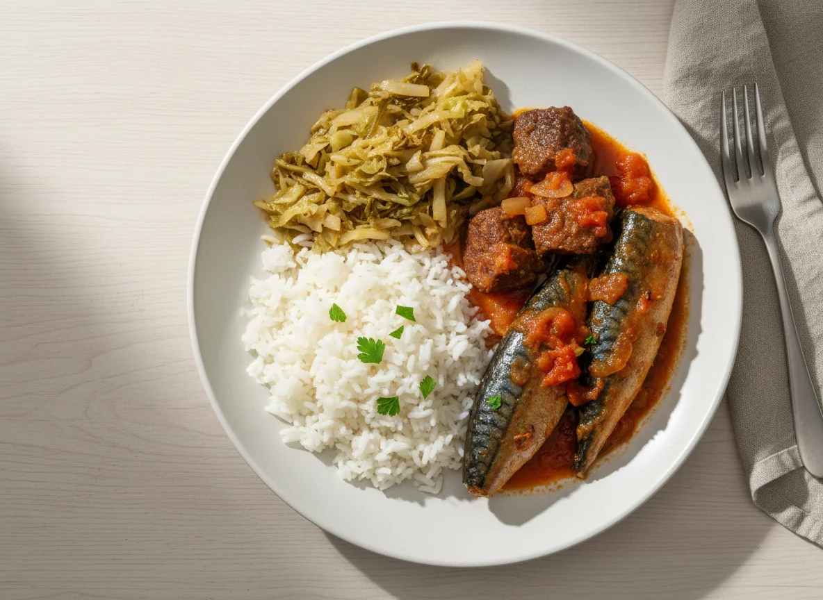 Rice with Stewed Cabbage, Meat, and Fish photo