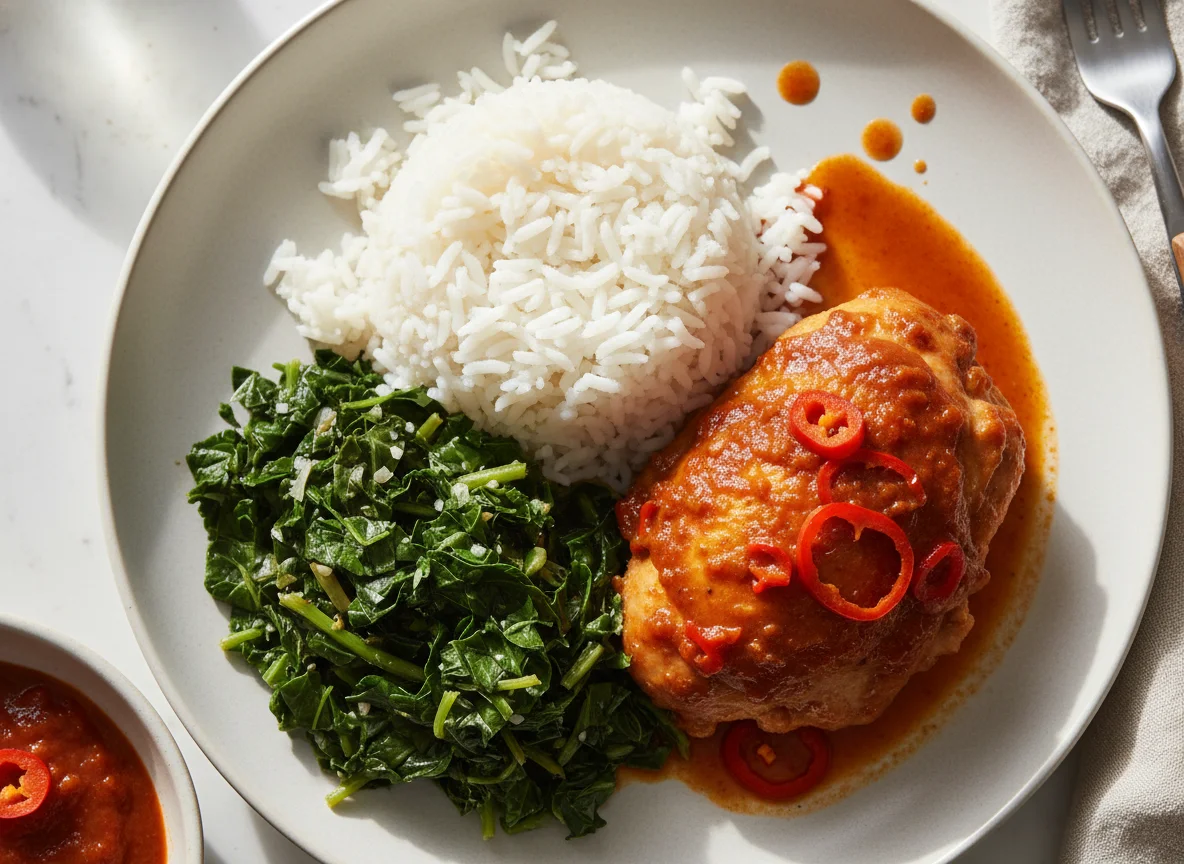 Rice with Stewed Greens and Chicken in Red Sauce photo