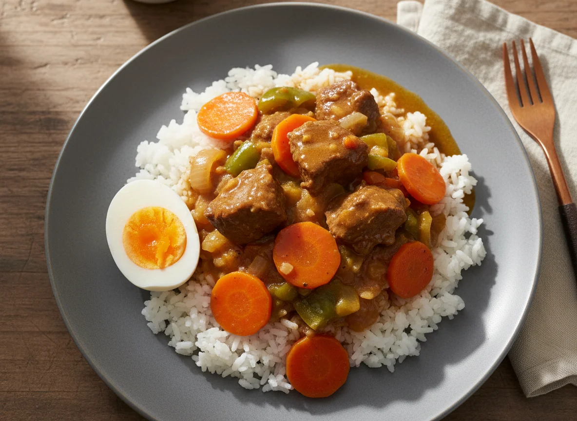 Rice with Stewed Meat, Vegetables, and Boiled Egg photo