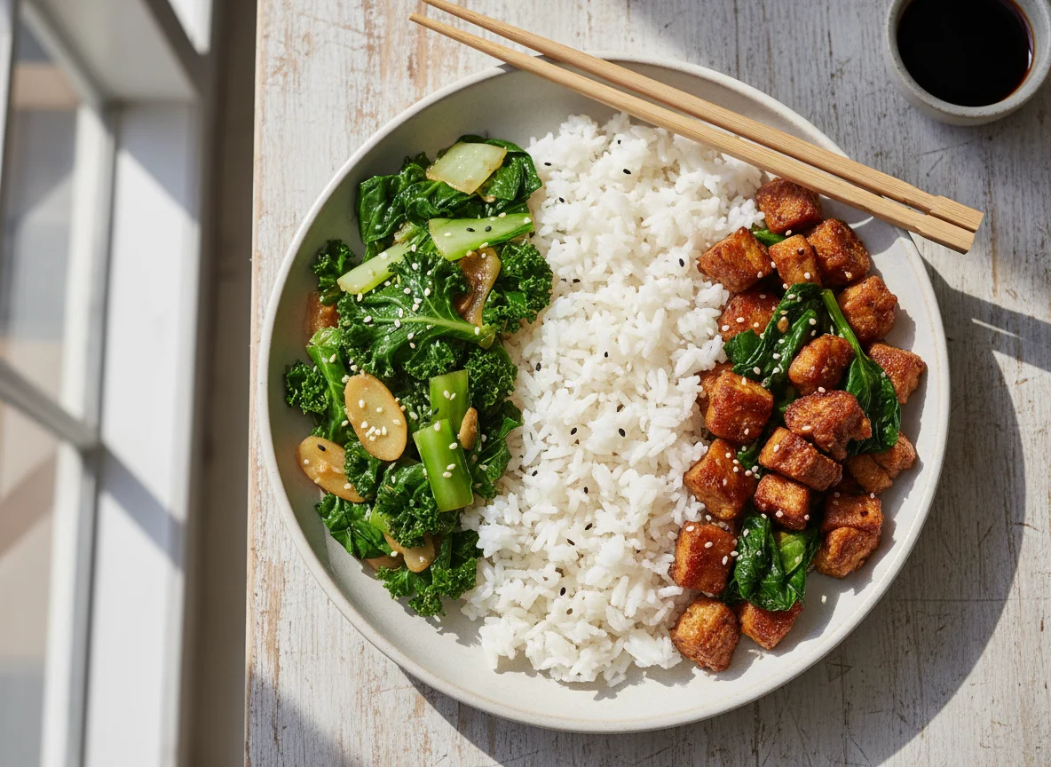 Rice with Stir-fried Greens and Soy Chunks photo