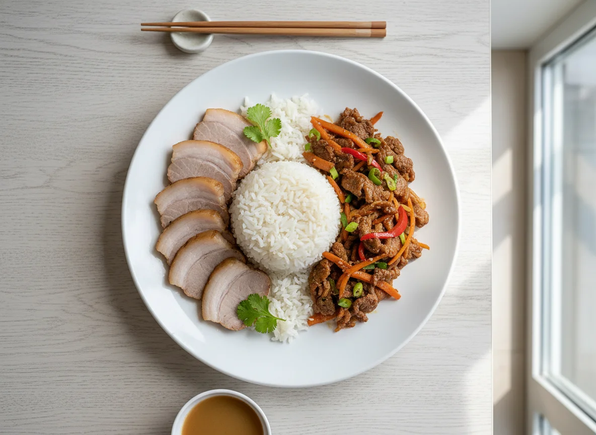 Rice with Stir-fried Meat and Boiled Pork photo