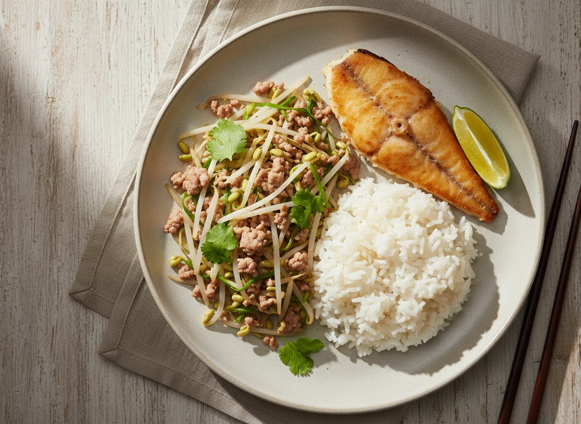 Rice with Stir-fried Mung Bean Sprouts and Fish photo